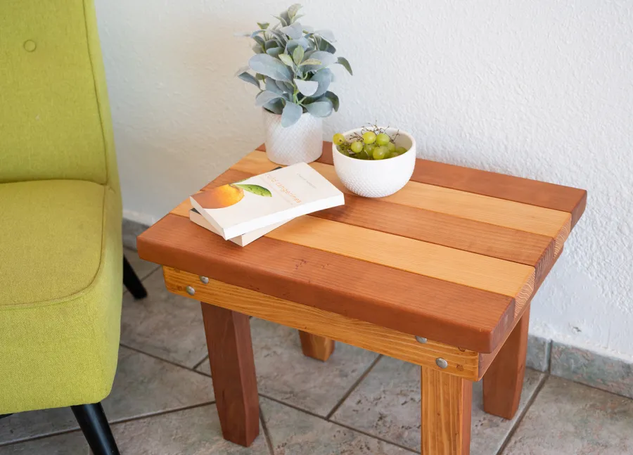 Ashley's Multi Colored Wood Table (Options: 24" L x 18" W, California Redwood and Old-Growth Redwood, 18"H, Transparent Premium Sealant).