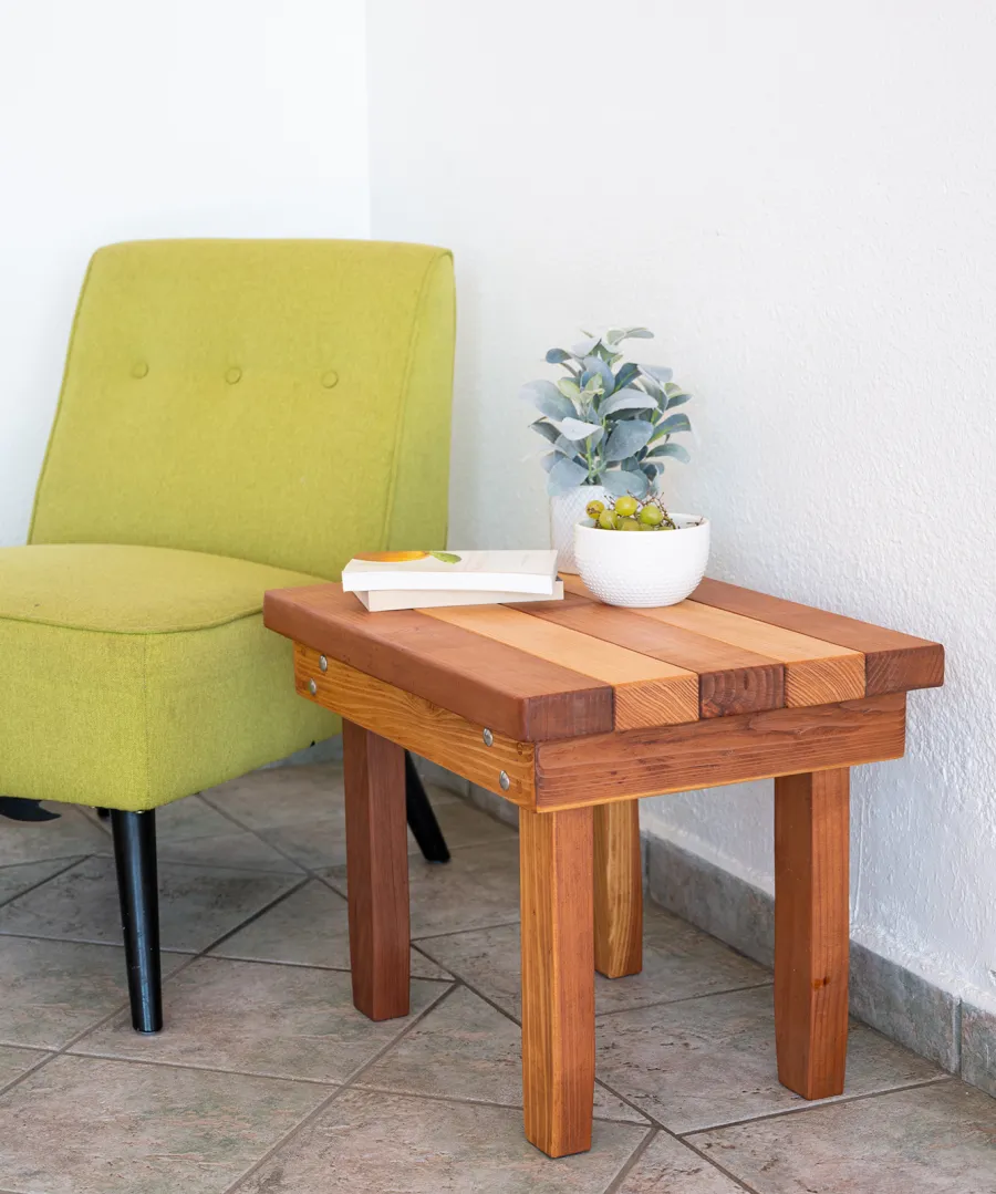 Ashley's Multi Colored Wood Table (Options: 24" L x 18" W, California Redwood and Old-Growth Redwood, 18"H, Transparent Premium Sealant).