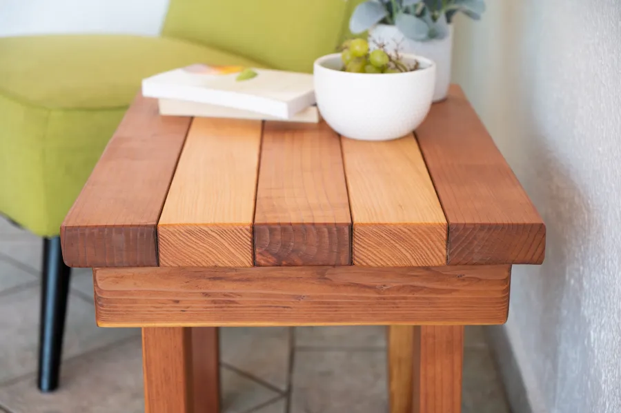Ashley's Multi Colored Wood Table (Options: 24" L x 18" W, California Redwood and Old-Growth Redwood, 18"H, Transparent Premium Sealant).
