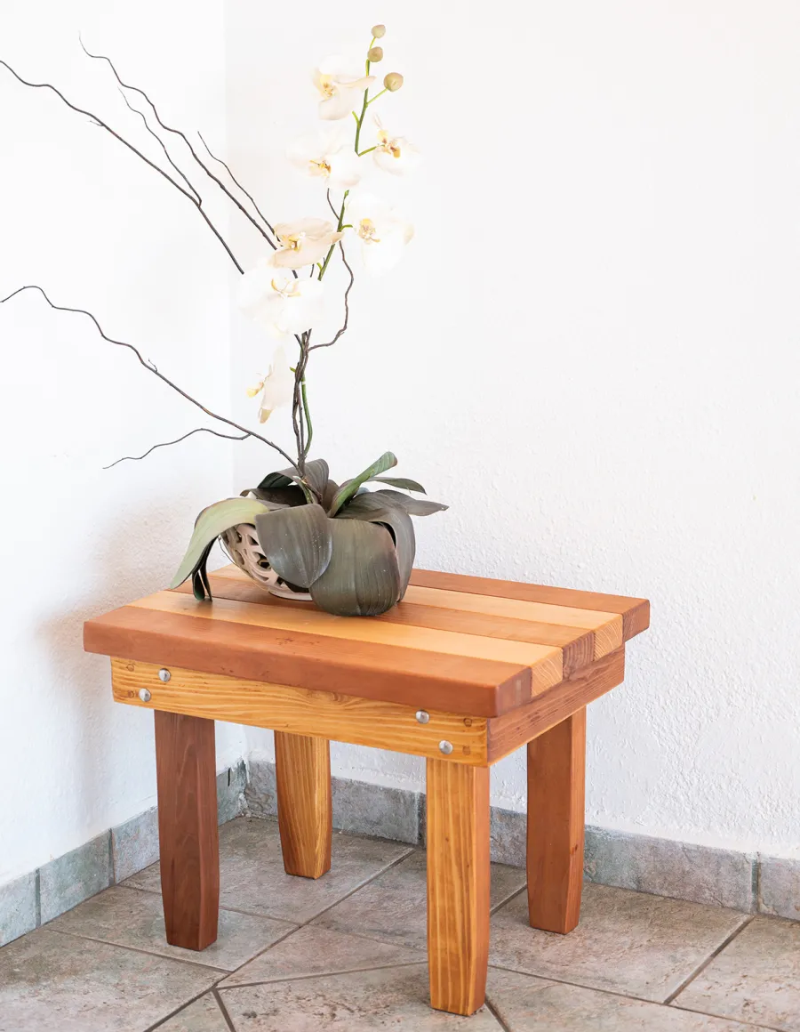 Ashley's Multi Colored Wood Table (Options: 24" L x 18" W, California Redwood and Old-Growth Redwood, 18"H, Transparent Premium Sealant).