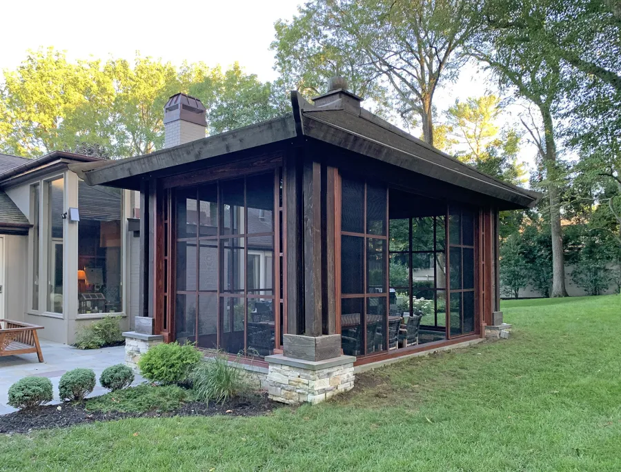 Asian Fusion Pavilion (Options: 22 ft L x 16 ft W, Mature Redwood, 4-Traditional Asian Fusion Anchoring Set, No Electrical Wiring Trim, 10 ft H, No Ceiling Fan, No Privacy Panels, No Curtain Rods, Coffee-Stain Sealant). Custom Screens Added: Customer called 5 years after original order was installed to add screens all around. You can see the different finish between the newly added screens and the original structure.