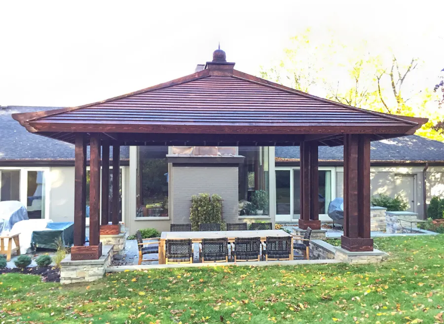 Asian Fusion Pavilion (Options: 22 ft L x 16 ft W, Mature Redwood, 4-Traditional Asian Fusion Anchoring Set, No Electrical Wiring Trim, 10 ft H, No Ceiling Fan, No Privacy Panels, No Curtaind Rod, Coffee-Stain Sealant).