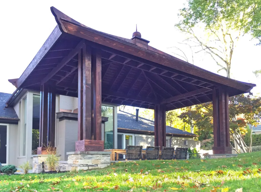 Asian Fusion Pavilion (Options: 22 ft L x 16 ft W, Mature Redwood, 4-Traditional Asian Fusion Anchoring Set, No Electrical Wiring Trim, 10 ft H, No Ceiling Fan, No Privacy Panels, No Curtain Rods, Coffee-Stain Sealant).