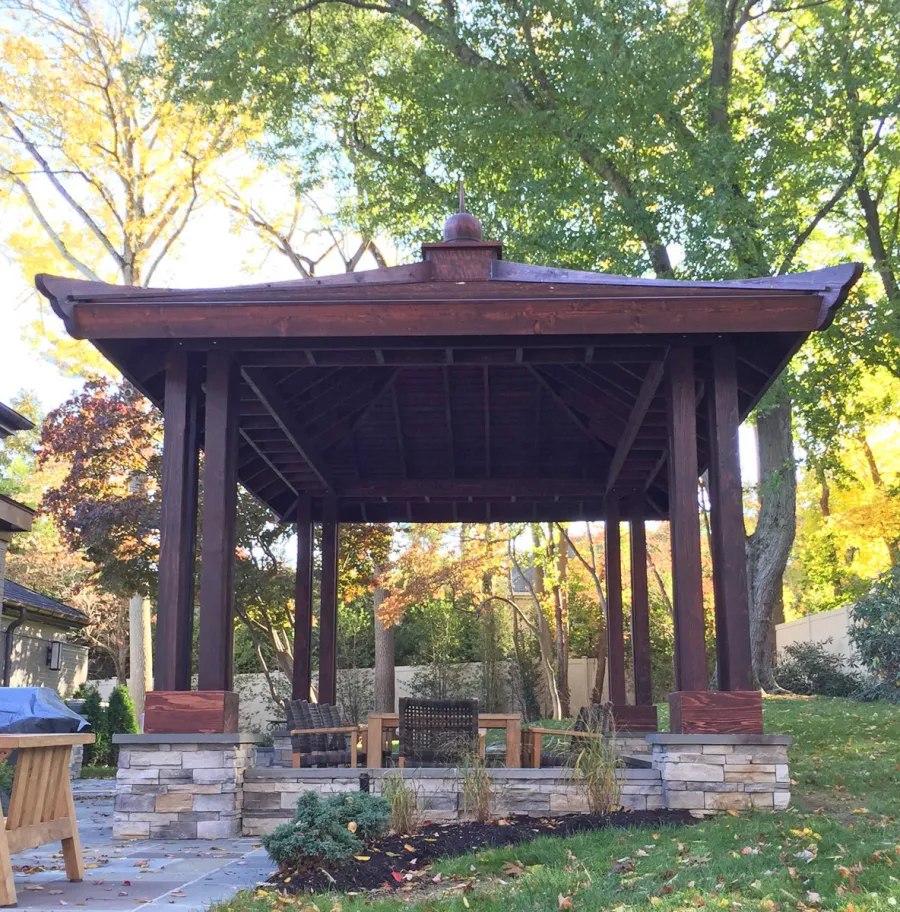 Asian Fusion Pavilion (Options: 22 ft L x 16 ft W, Mature Redwood, 4-Traditional Asian Fusion Anchoring Set, No Electrical Wiring Trim, 10 ft H, No Ceiling Fan, No Privacy Panels, No Curtaind Rod, Coffee-Stain Sealant).