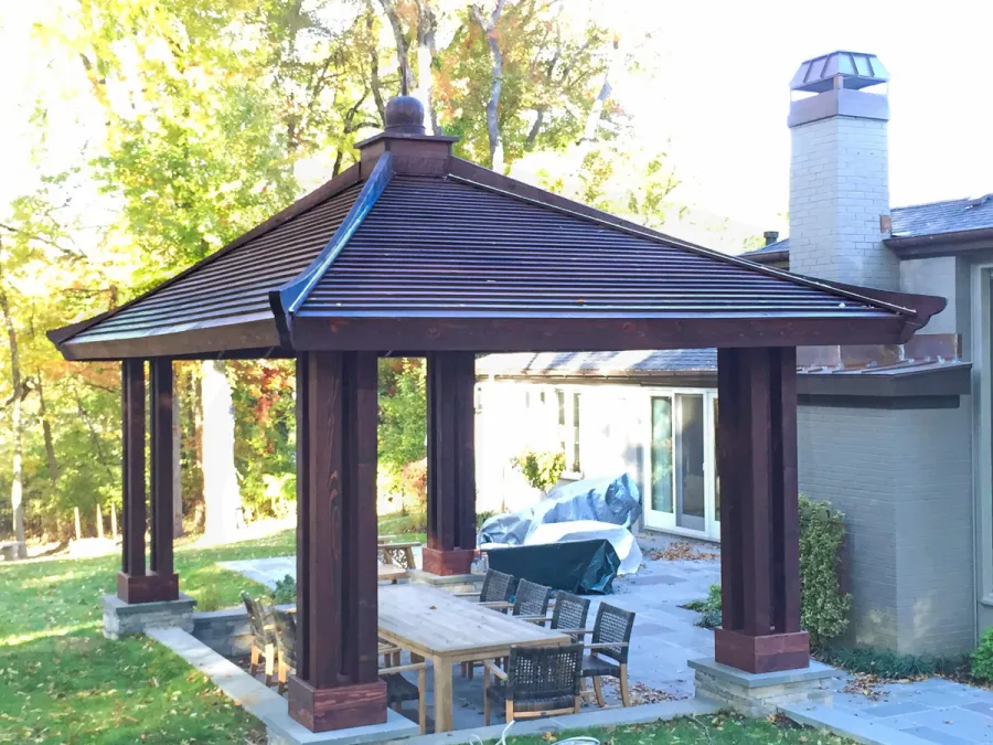 Asian Fusion Pavilion (Options: 22 ft L x 16 ft W, Mature Redwood, 4-Traditional Asian Fusion Anchoring Set, No Electrical Wiring Trim, 10 ft H, No Ceiling Fan, No Privacy Panels, No Curtain Rods, Coffee-Stain Sealant).