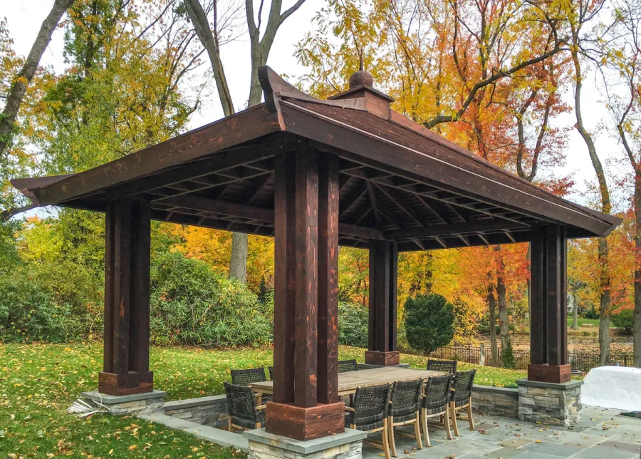 Asian Fusion Pavilion (Options: 22 ft L x 16 ft W, Mature Redwood, 4-Traditional Asian Fusion Anchoring Set, No Electrical Wiring Trim, 10 ft H, No Ceiling Fan, No Privacy Panels, No Curtain Rods, Coffee-Stain Sealant).