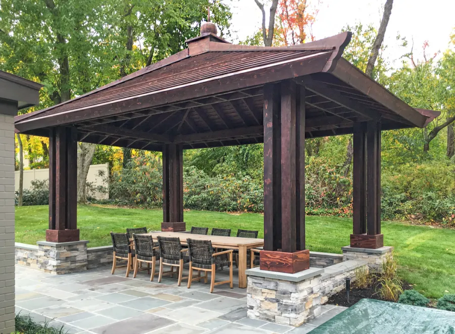 Asian Fusion Pavilion (Options: 22 ft L x 16 ft W, Mature Redwood, 4-Traditional Asian Fusion Anchoring Set, No Electrical Wiring Trim, 10 ft H, No Ceiling Fan, No Privacy Panels, No Curtain Rods, Coffee-Stain Sealant).