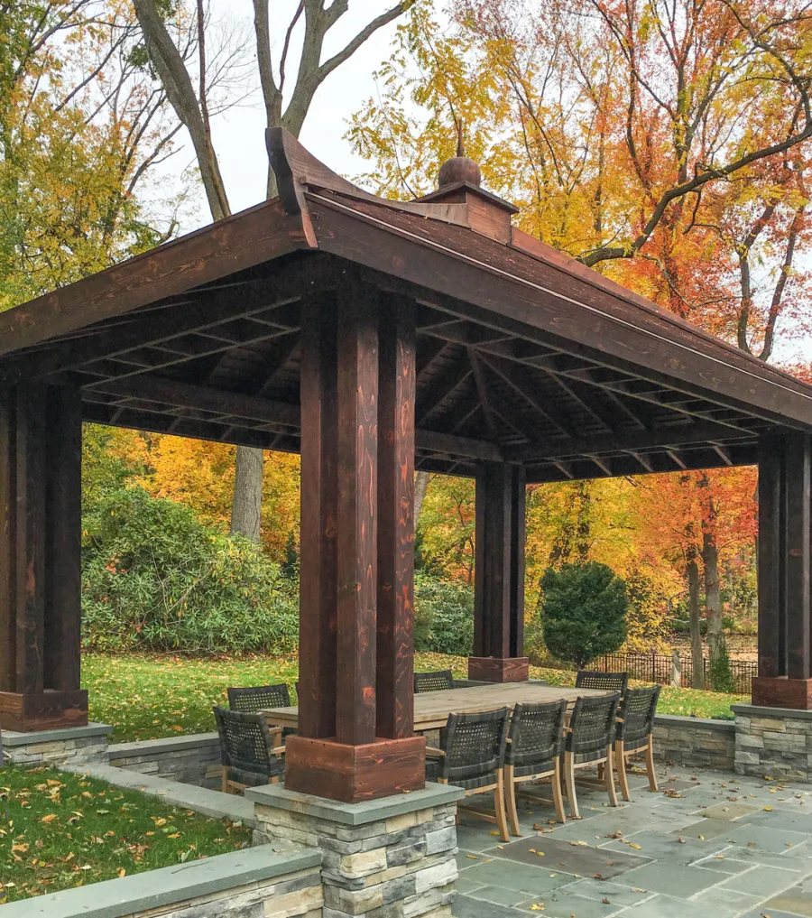 Asian Fusion Pavilion (Options: 22 ft L x 16 ft W, Mature Redwood, 4-Traditional Asian Fusion Anchoring Set, No Electrical Wiring Trim, 10 ft H, No Ceiling Fan, No Privacy Panels, No Curtain Rods, Coffee-Stain Sealant).
