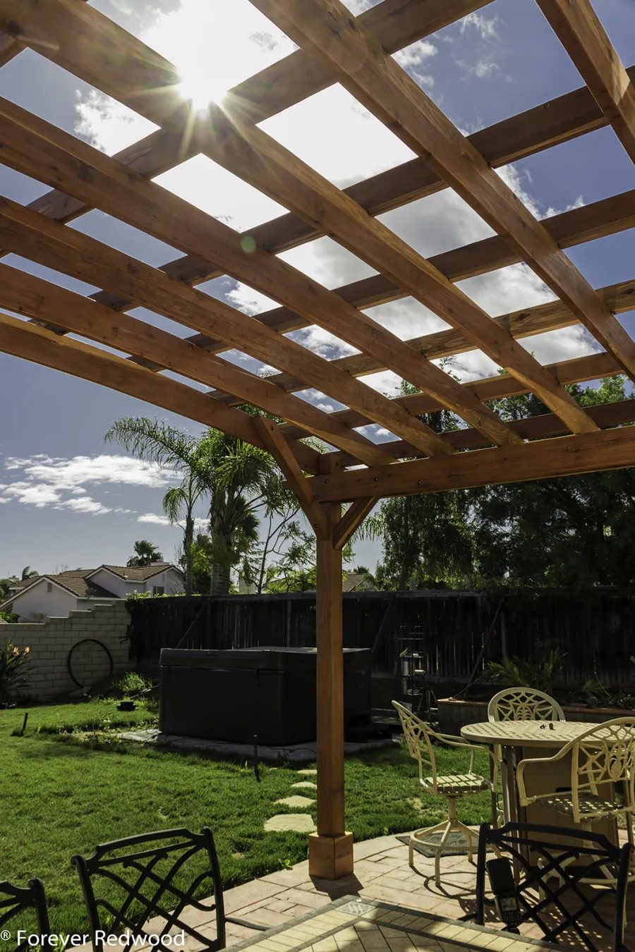 Attached Arched Pergola Kits (Options: 20' L x 15' W, California Redwood, No Electrical Wiring Trim, Arched Roof without Lattice Panels, 2-Post Anchor Kit for Concrete, No Ceiling Fan Base, No Privacy Panels, No Curtain Rods, 10' Post Height, Transparent Premium Sealant). Photo Courtesy of C. Thompson of Corona, CA.