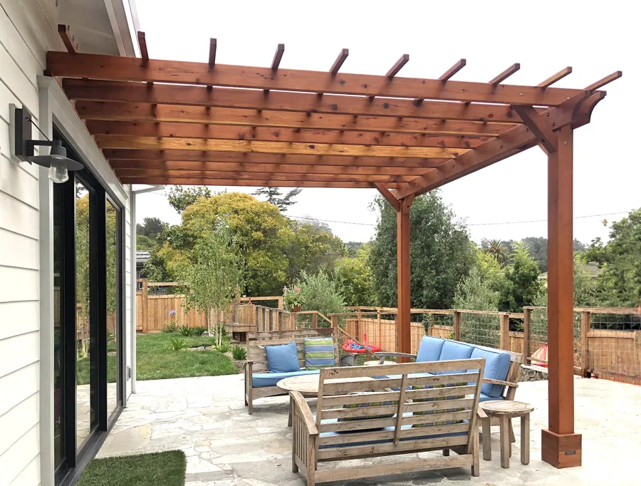Attached Garden Pergola (Options: 14' x 13', California Redwood, Open Roof with Slats at 18", Rafters at 18", 2-Post Anchor Kit for Concrete, No Ceiling Fan Base, Transparent Premium Sealant). Photo Courtesy of B. Tewksbury of Mill Valley, California.