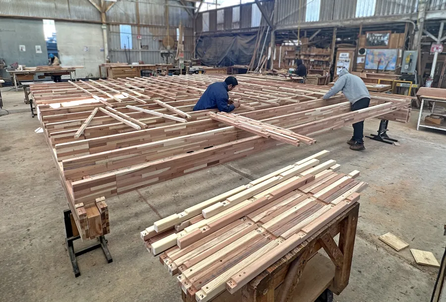 Attached Garden Pergola in Production (Options: 24' x 20', Mosaic Redwood, Flush End Cut Detail).