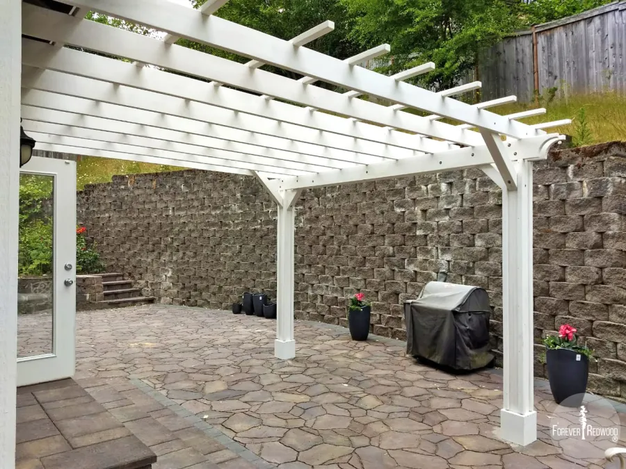 Attached Garden Pergolas (Options: 14' x 14', Attached to Wall by Supports Side, Douglas-fir, Electrical Wiring Trim for 2 Posts, Open Roof with Slats at 18", Vertical Decorative Trims on Posts, Off-White Oil-Based Primer).