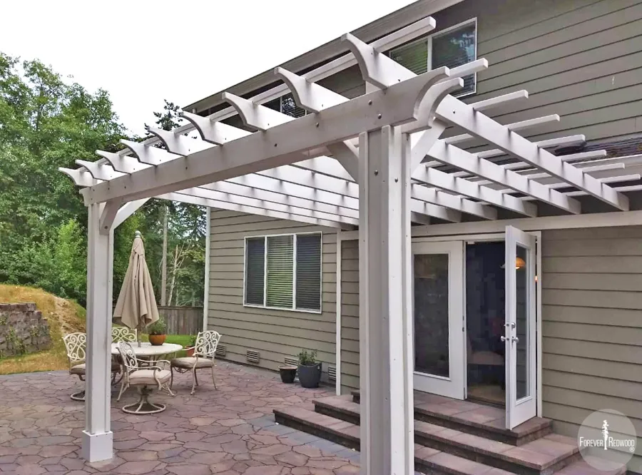 Attached Garden Pergolas (Options: 14' x 14', Attached to Wall by Supports Side, Douglas-fir, Electrical Wiring Trim for 2 Posts, Open Roof with Slats at 18", Vertical Decorative Trims on Posts, Off-White Oil-Based Primer).