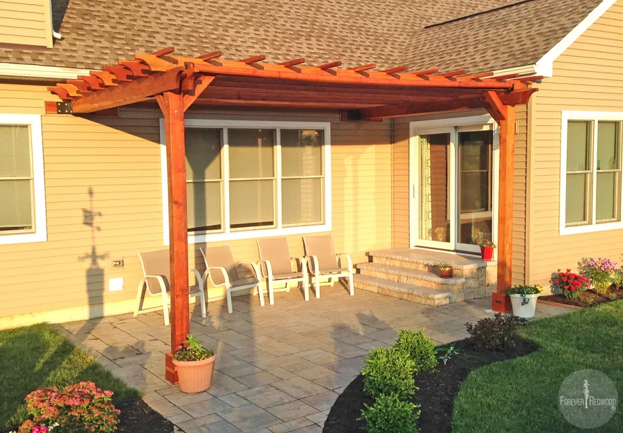 Attached Garden Pergolas (Options: 12' x 18', Attached to Wall by Rafters Side, California Redwood, No Electrical Wiring Trim, Open Roof with Slats at 18", Transparent Premium Sealant).