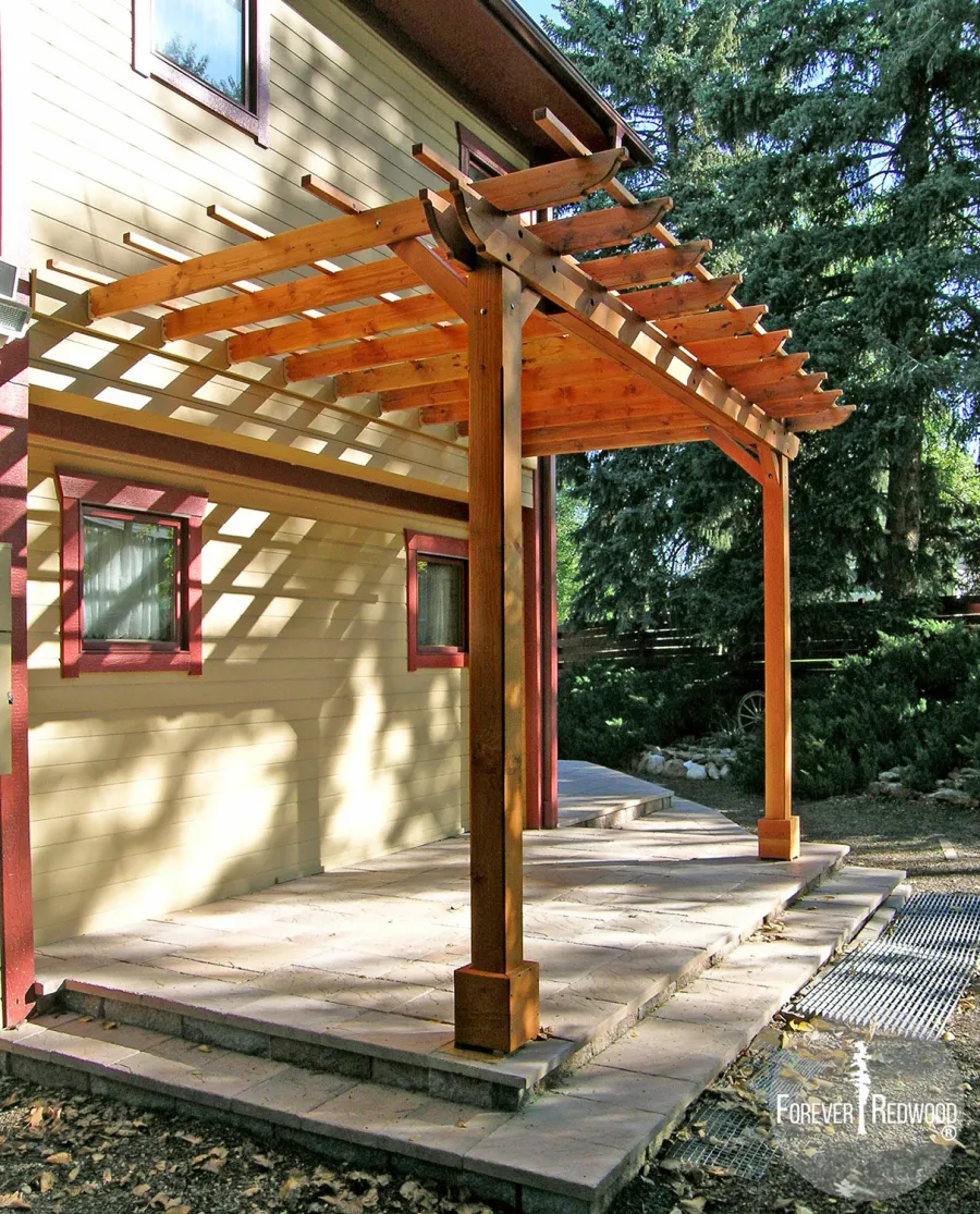 Attached Garden Pergolas (Options: 15' x 8', Attached to Wall by Support Side, Douglas-fir, No Electrical Wiring Trim, Open Roof with Slats at 18", 2-Post Anchor Kit for Stone, Transparent Premium Sealant).