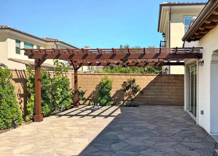 Attached Garden Pergolas (Options: 20' x 16', Douglas-fir, Open Roof with Slats at 18", Rafters at 18", 2-Post Anchor Kit for Concrete, 1 Ceiling Fan Base, Custom Paint). Photo Courtesy of M. Ibrahim Elfar of Irvine, California.