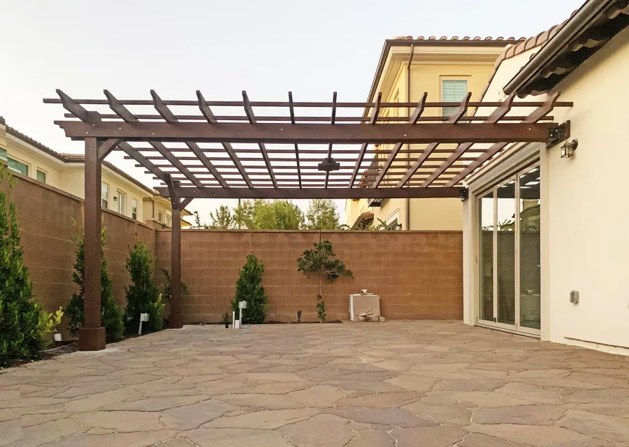 Attached Garden Pergolas (Options: 20' x 16', Douglas-fir, Open Roof with Slats at 18", Rafters at 18", 2-Post Anchor Kit for Concrete, 1 Ceiling Fan Base, Custom Paint). Photo Courtesy of M. Ibrahim Elfar of Irvine, California.