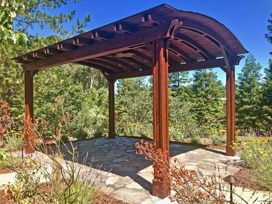 Backyard Pavilion Kits (Options: 20' x 14', California Redwood, No Electrical Wiring Trim, 4-Post Anchor Kit for High-Wind, 1 Ceiling Fan Base, No Privacy Panels, No Curtain Rods, 9.5 ft Post Height, Coffee-Stain Premium Sealant). Photo Courtesy of G. Fanton of Portola Valley , California.
