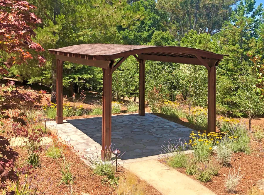 Backyard Pavilion Kits (Options: 20' x 14', California Redwood, No Electrical Wiring Trim, 4-Post Anchor Kit for High-Wind, 1 Ceiling Fan Base, No Privacy Panels, No Curtain Rods, 9.5 ft Post Height, Coffee-Stain Premium Sealant). Photo Courtesy of G. Fanton of Portola Valley , California.
