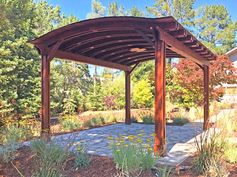 Backyard Pavilion Kits (Options: 20' x 14', California Redwood, No Electrical Wiring Trim, 4-Post Anchor Kit for High-Wind, 1 Ceiling Fan Base, No Privacy Panels, No Curtain Rods, 9.5 ft Post Height, Coffee-Stain Premium Sealant). Photo Courtesy of G. Fanton of Portola Valley , California.