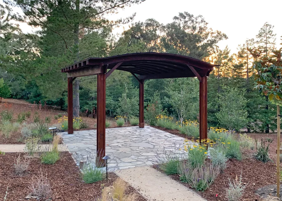 Backyard Pavilion Kits (Options: 20' x 14', California Redwood, No Electrical Wiring Trim, 4-Post Anchor Kit for High-Wind, 1 Ceiling Fan Base, No Privacy Panels, No Curtain Rods, 9.5 ft Post Height, Coffee-Stain Premium Sealant). Photo Courtesy of G. Fanton of Portola Valley , California.