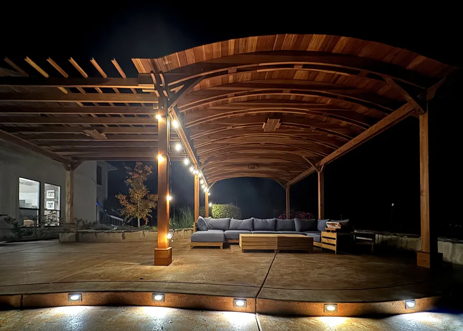 Custom Backyard Pavilion Kits with a Garden Pergola(Options: 26' L x 17' Arc W [Garden Pergola is 14' L x 14' W], California Redwood, 8-Post Anchor Kit for Concrete, With 3 Ceiling Fan Bases, No Privacy Panels, No Curtain Rods, 10 ft Post Height, Transparent Premium Sealant). Photo Courtesy of J. Huntoon of Placer County, CA.