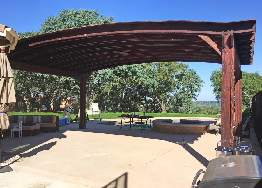 Backyard Pavilion Kits (Options: 16' L x 22' Arc W, California Redwood, 2 Post Electrical Wiring Trim, 4-Post Anchor Kit for Concrete, Add Ceiling Fan Base, No Privacy Panels, No Curtain Rods, 9 ft Post Height, 8 x 8 Posts and 2 x 10 Supports by Custom Request, Coffee-Stain Premium Sealant).