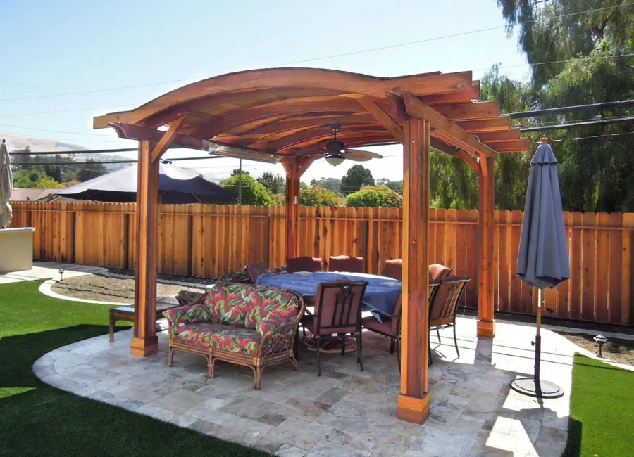 Backyard Pavilion Kits (Options: 14' L x 16' Arc W, California Redwood, 2 Post Electrical Wiring Trim, 4-Post Anchor Kit for Stone, Add Ceiling Fan Base, No Privacy Panels, No Curtain Rods, 9 ft Post Height, Transparent Premium Sealant).
