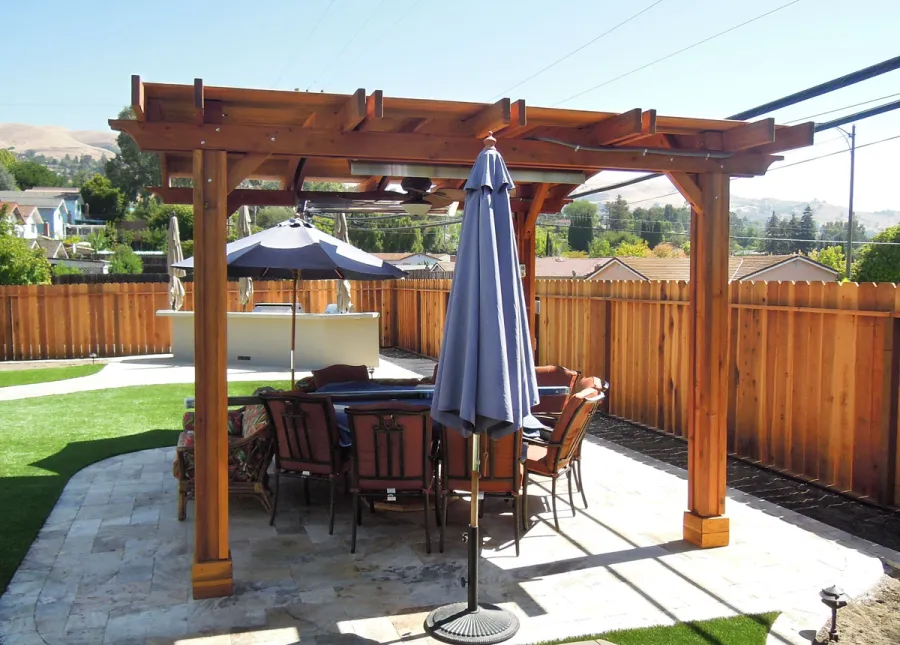 Backyard Pavilion Kits (Options: 14' L x 16' Arc W, California Redwood, 2 Post Electrical Wiring Trim, 4-Post Anchor Kit for Stone, Add Ceiling Fan Base, No Privacy Panels, No Curtain Rods, 9 ft Post Height, Transparent Premium Sealant).