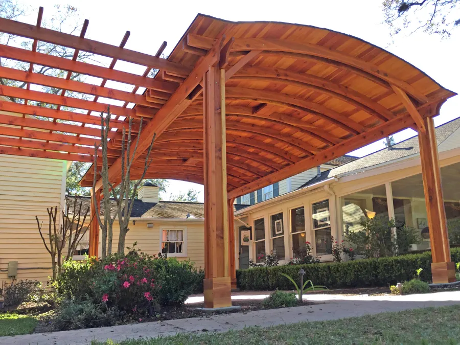 Custom Backyard Pavilion Kits with a Garden Pergola(Options: 24' L x 16' Arc W [Garden Pergola is 10' L x 15' W], California Redwood, 2 Post Electrical Wiring Trim, 6-Post Anchor Kit for High-Wind, With 2 Ceiling Fan Bases, No Privacy Panels, No Curtain Rods, 10 ft Post Height, Transparent Premium Sealant). Photo Courtesy of Jeff A. of San Ramon, CA.