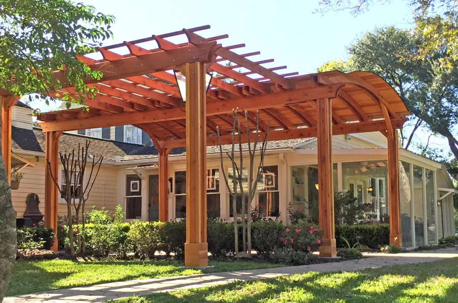 Custom Backyard Pavilion Kits with a Garden Pergola(Options: 24' L x 16' Arc W [Garden Pergola is 10' L x 15' W], California Redwood, 2 Post Electrical Wiring Trim, 6-Post Anchor Kit for High-Wind, With 2 Ceiling Fan Bases, No Privacy Panels, No Curtain Rods, 10 ft Post Height, Transparent Premium Sealant). Photo Courtesy of Jeff A. of San Ramon, CA.