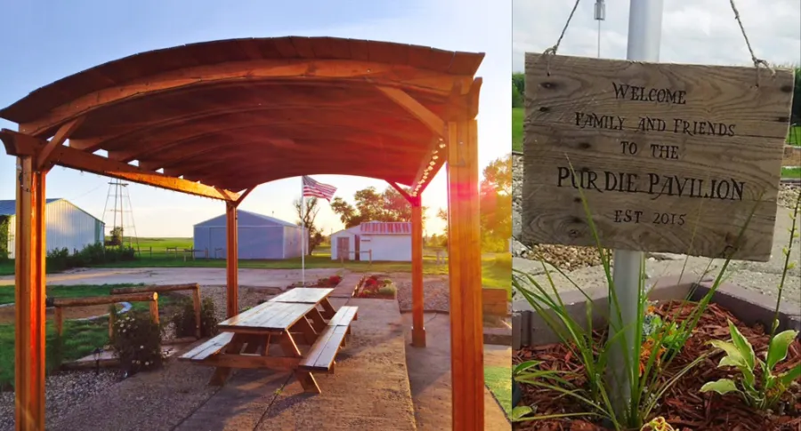Backyard Pavilion Kits (Options: 20' x 12'-6", California Redwood, No Electrical Wiring Trim Kit, 4-Post Anchor Kit for Concrete, 1 Ceiling Fan Base, No Privacy Panels, No Curtain Rods, 10 ft Post Height, Transparent Premium Sealant) with 2 Picnic Tables with Attached Benches. Photo Courtesy of Jody & Bob Purdie of Mitchellville, Iowa.