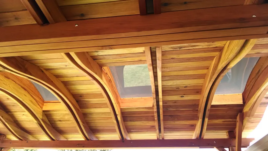 Backyard Pavilion Kits (Options: 18' x 15', California Redwood, No Electrical Wiring Trim, 4-Post Anchor Kit for Stone, No Ceiling Fan Base, No Privacy Panels, No Curtain Rods, 9.5 ft Post Height, Transparent Premium Sealant). Note: Skylights are custom add-on we can do for any size Pavilion roof..