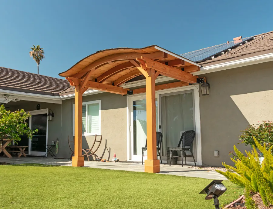 Backyard Porch Pavilion (Options: 8 'L x 10' W, Douglas-fir, 2-Post Anchor Kit for Concrete, No Electrical Wiring Trim, 8 ft Post Height, No Ceiling Fan Base, No Curtain Rods, No Privacy Panels, Transparent Premium Sealant). Photo Courtesy J. Clark of San Diego, CA.