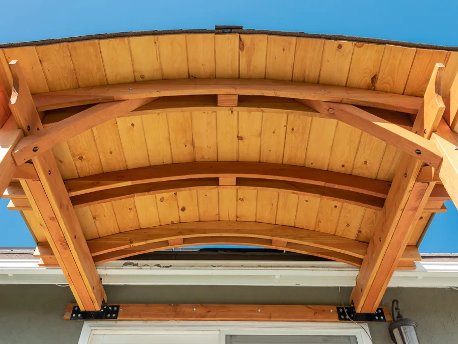 Backyard Porch Pavilion (Options: 8 'L x 10' W, Douglas-fir, 2-Post Anchor Kit for Concrete, No Electrical Wiring Trim, 8 ft Post Height, No Ceiling Fan Base, No Curtain Rods, No Privacy Panels, Transparent Premium Sealant). Photo Courtesy J. Clark of San Diego, CA.