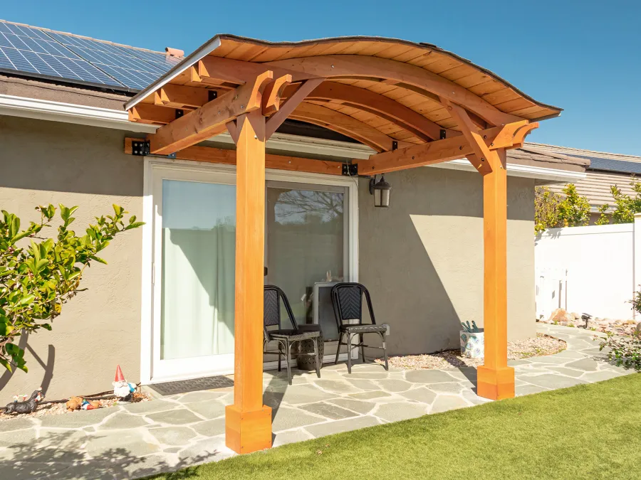 Backyard Porch Pavilion (Options: 8 'L x 10' W, Douglas-fir, 2-Post Anchor Kit for Concrete, No Electrical Wiring Trim, 8 ft Post Height, No Ceiling Fan Base, No Curtain Rods, No Privacy Panels, Transparent Premium Sealant). Photo Courtesy J. Clark of San Diego, CA.