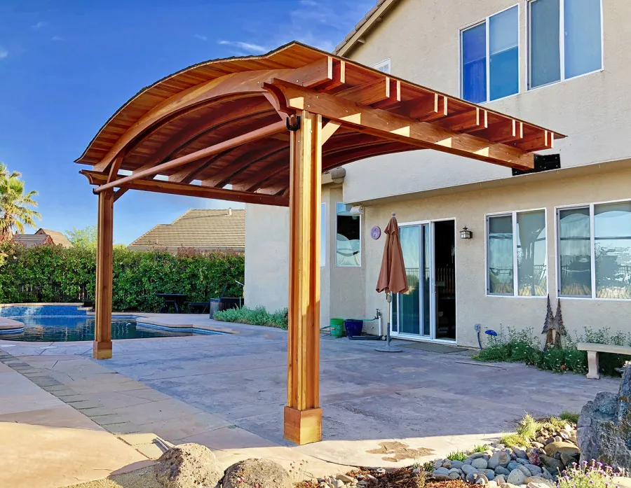 Backyard Porch Pavilion (Options: 14' L x 22' Arc W, California Redwood, 1 Post Electrical Wiring Trim, 2-Post Anchor Kit for Concrete, With 2 Ceiling Fan Bases, No Privacy Panels, 2 Curtain Rods, 9.5 ft Post Height, Transparent Premium Sealant).