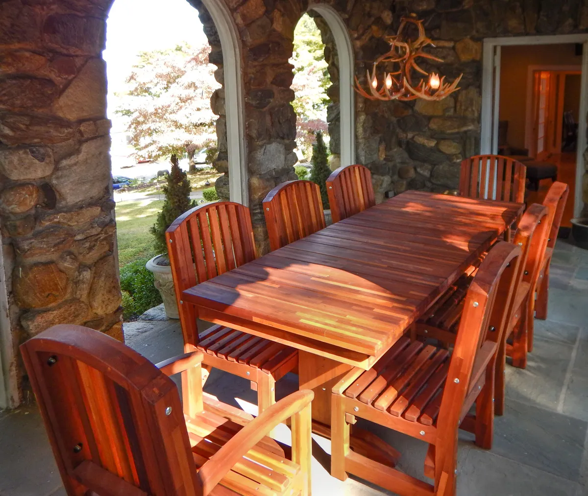 Baja Outdoor Redwood Dining Table, 8 ft L, Mosaic Redwood, in Ossining, NY
