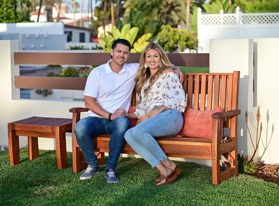 Bonsignour Handcrafted Wood Bench (Options: 5 ft, California Redwood, No Cushion, No Engraving, Transparent Premium Sealant). Photo Also Shows a Brian's Side Table.