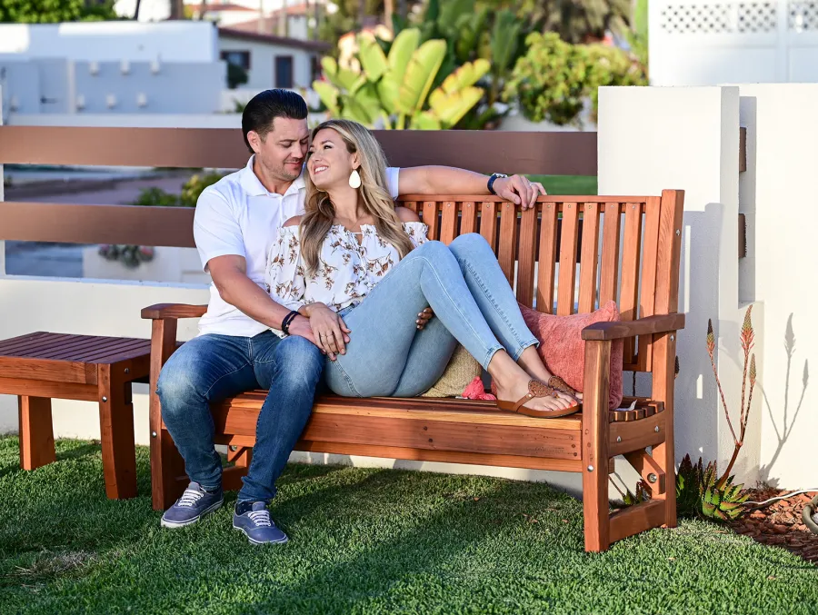 Bonsignour Handcrafted Wood Bench (Options: 5 ft, California Redwood, No Cushion, No Engraving, Transparent Premium Sealant). Photo Also Shows a Brian's Side Table.