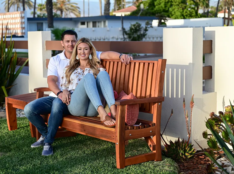 Bonsignour Handcrafted Wood Bench (Options: 5 ft, California Redwood, No Cushion, No Engraving, Transparent Premium Sealant). Photo Also Shows a Brian's Side Table.