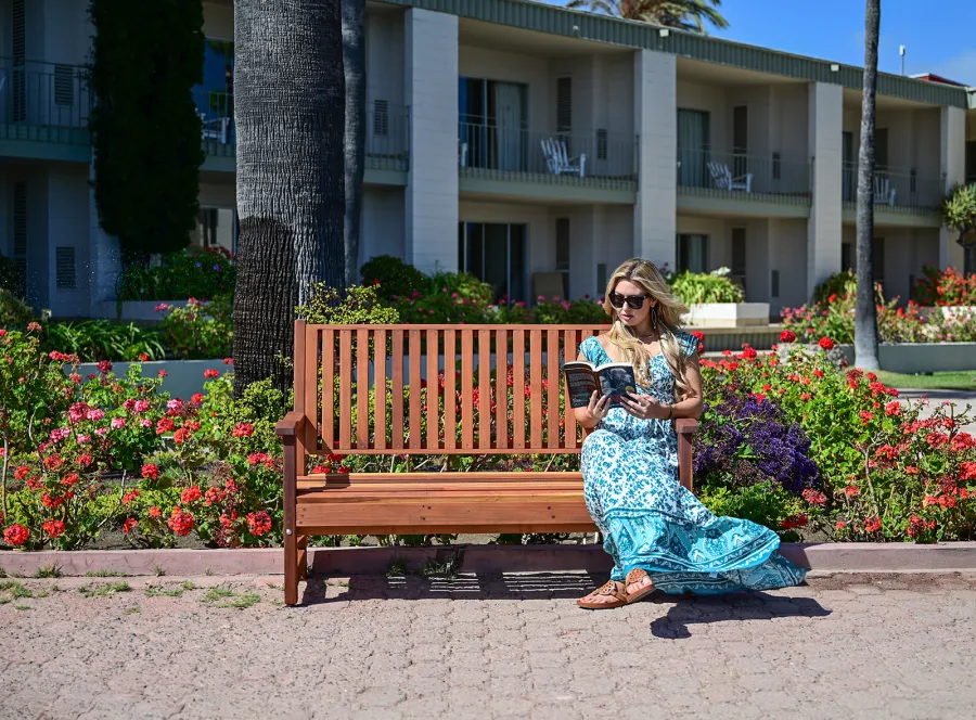 Bonsignour Handcrafted Wood Bench (Options: 5 ft, California Redwood, No Cushion, No Engraving, Transparent Premium Sealant). Photo Courtesy of The Estero Beach Resort in Ensenada, Baja, Mexico.