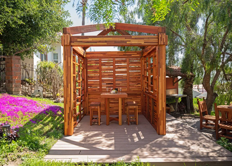 Catalina Island Pergola (Options: 8' x 8', Mosaic Redwood, 8' Post Height, Transparent Premium Sealant). Photo Also Shows a Glady's Balcony Table Set.