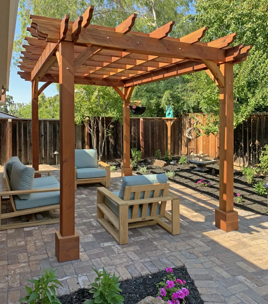 Cherry Hill Outdoor Pergola Kit (Options: 14' L x 10' W, No Privacy Panel, California Redwood, 8.5 ft Heigth, No Electrical Wiring Trim, 4-Post Anchor Kit for Concrete, No Post Decorative Trim, No Ceiling Fan Base, No Curtain Rods, Transparent Premium Sealant). Photo Courtesy of B. Elliott of Concord, CA.