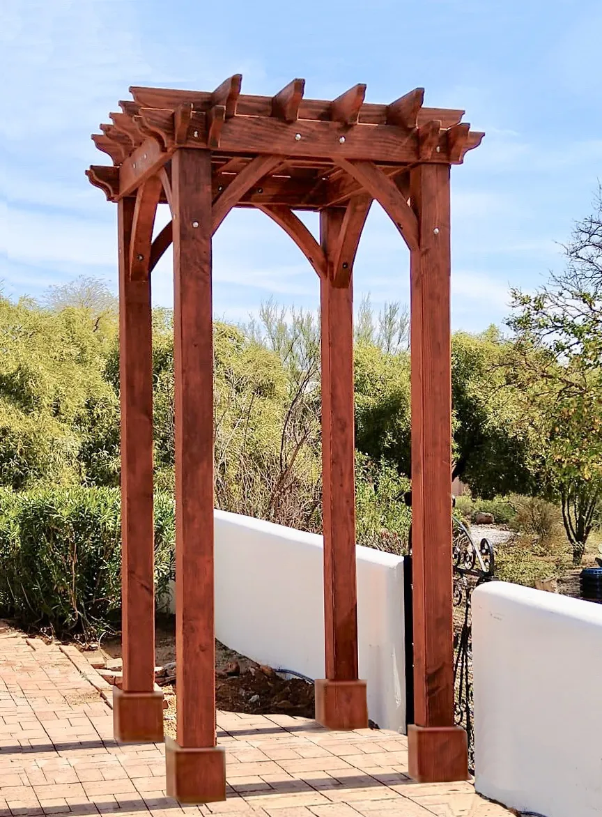 The Montvale Pergola (Options: 4' x 6', Douglas-fir, Electrical Wiring Trim for 1 Post, Rafters at 16", 4-Post Anchor Kit for High-Wind, No Ceiling Fan Base, No Privacy Panels, 10' Post, Transparent Premium Sealant). Photo courtesy of M. Simpson of Tucson, Arizona.