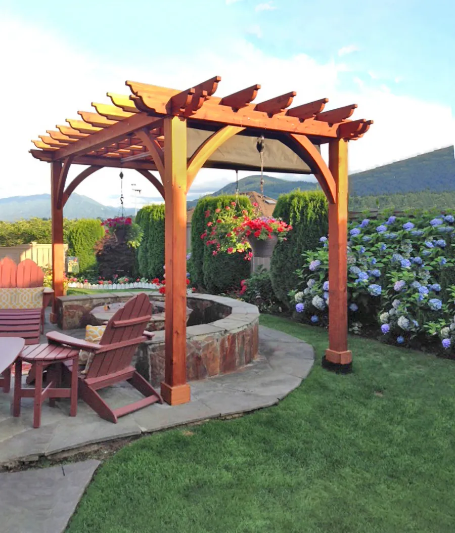 Cherry Hill Outdoor Pergola Kit (Options: 12' L x 10' W, No Privacy Panel, Mature Redwood, 9.5 ft Heigth, No Electrical Wiring Trim, 4-Post Anchor Kit for High-Wind, No Post Decorative Trim, No Ceiling Fan Base, No Curtain Rods, No Retractable Shade Canopy, Transparent Premium Sealant (recommended)). Photo Courtesy of Scott Prueter