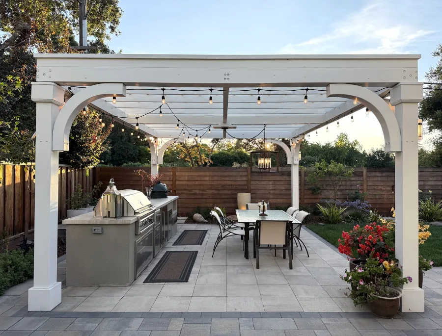 Custom Cherry Hill Outdoor Pergola Kit (Options: 20' L x 15' W, No Overhang by Custom Request, No Privacy Panel, Douglas-Fir, 9.5 ft Heigth, Electrical Wiring Trim for All Posts, Post Anchor Kit for High-Wind, Horizontal Post Decorative Trims, 1 Ceiling Fan Base, No Curtain Rods, Off-White Oil-Based Primer). Photo Courtesy of K. Kramer of East Palo Alto, CA.