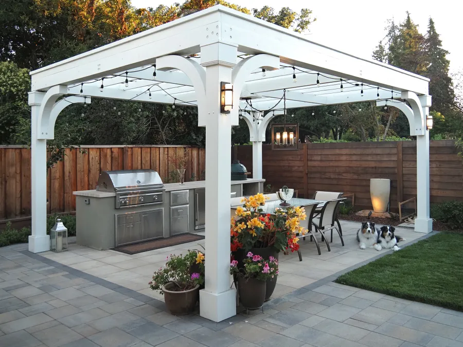 Custom Cherry Hill Outdoor Pergola Kit (Options: 20' L x 15' W, No Overhang by Custom Request, No Privacy Panel, Douglas-Fir, 9.5 ft Heigth, Electrical Wiring Trim for All Posts, Post Anchor Kit for High-Wind, Horizontal Post Decorative Trims, 1 Ceiling Fan Base, No Curtain Rods, Off-White Oil-Based Primer). Photo Courtesy of K. Kramer of East Palo Alto, CA.