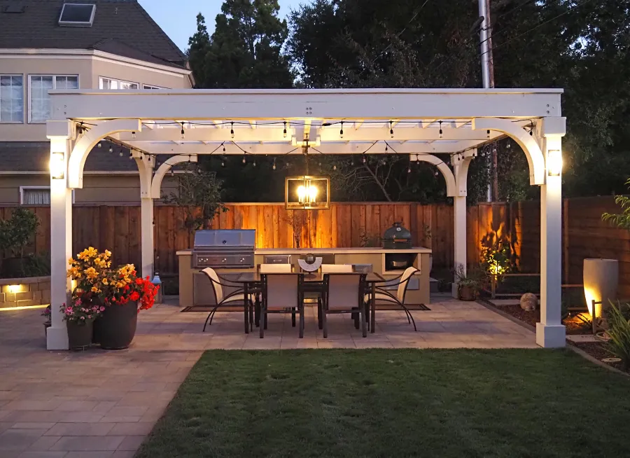 Custom Cherry Hill Outdoor Pergola Kit (Options: 20' L x 15' W, No Overhang by Custom Request, No Privacy Panel, Douglas-Fir, 9.5 ft Heigth, Electrical Wiring Trim for All Posts, Post Anchor Kit for High-Wind, Horizontal Post Decorative Trims, 1 Ceiling Fan Base, No Curtain Rods, Off-White Oil-Based Primer). Photo Courtesy of K. Kramer of East Palo Alto, CA.
