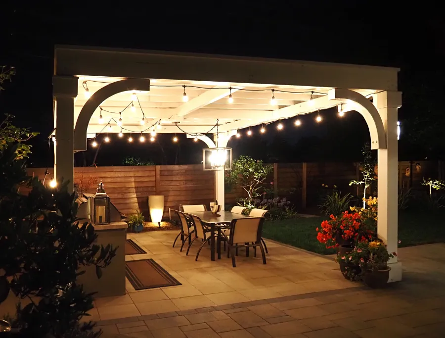 Custom Cherry Hill Outdoor Pergola Kit (Options: 20' L x 15' W, No Overhang by Custom Request, No Privacy Panel, Douglas-Fir, 9.5 ft Heigth, Electrical Wiring Trim for All Posts, Post Anchor Kit for High-Wind, Horizontal Post Decorative Trims, 1 Ceiling Fan Base, No Curtain Rods, Off-White Oil-Based Primer). Photo Courtesy of K. Kramer of East Palo Alto, CA.
